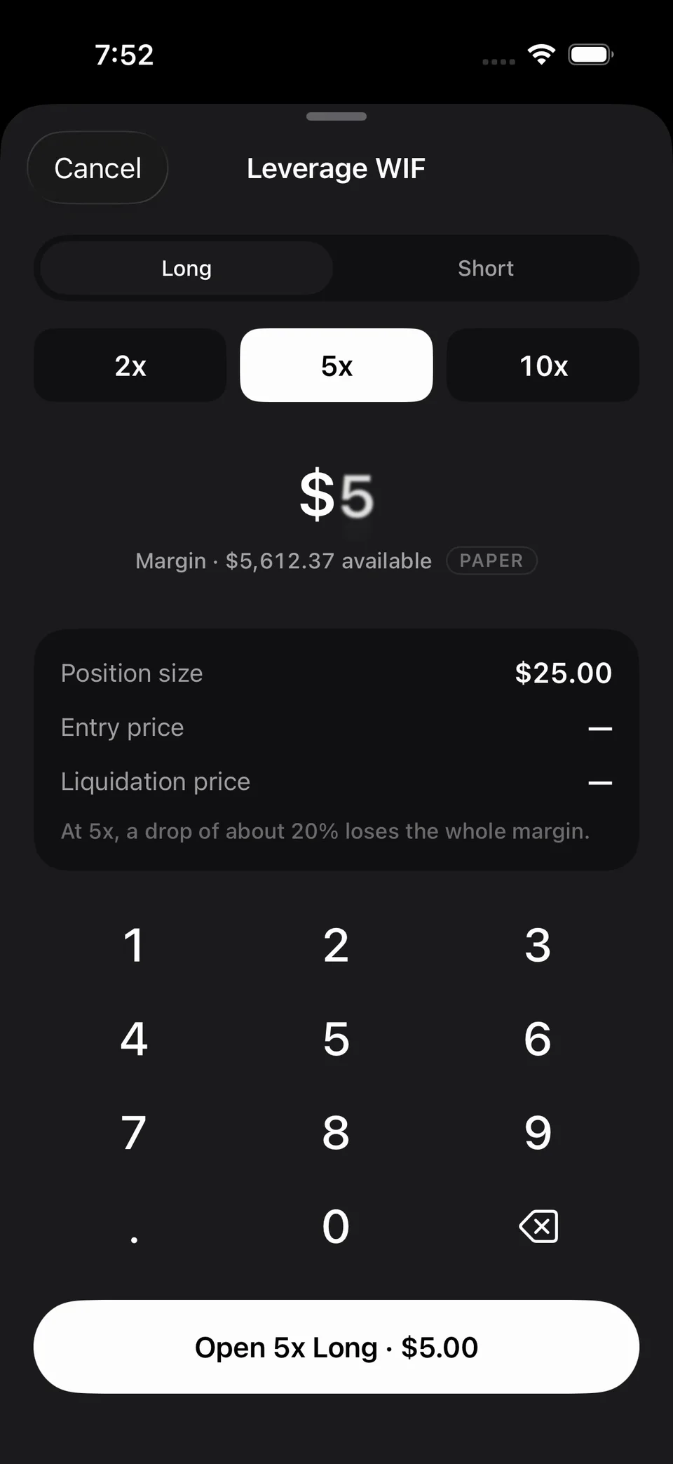 Cooked on iPhone: the Leverage WIF sheet with Long selected, the 2x, 5x and 10x choices, and the position size worked out from the margin entered.