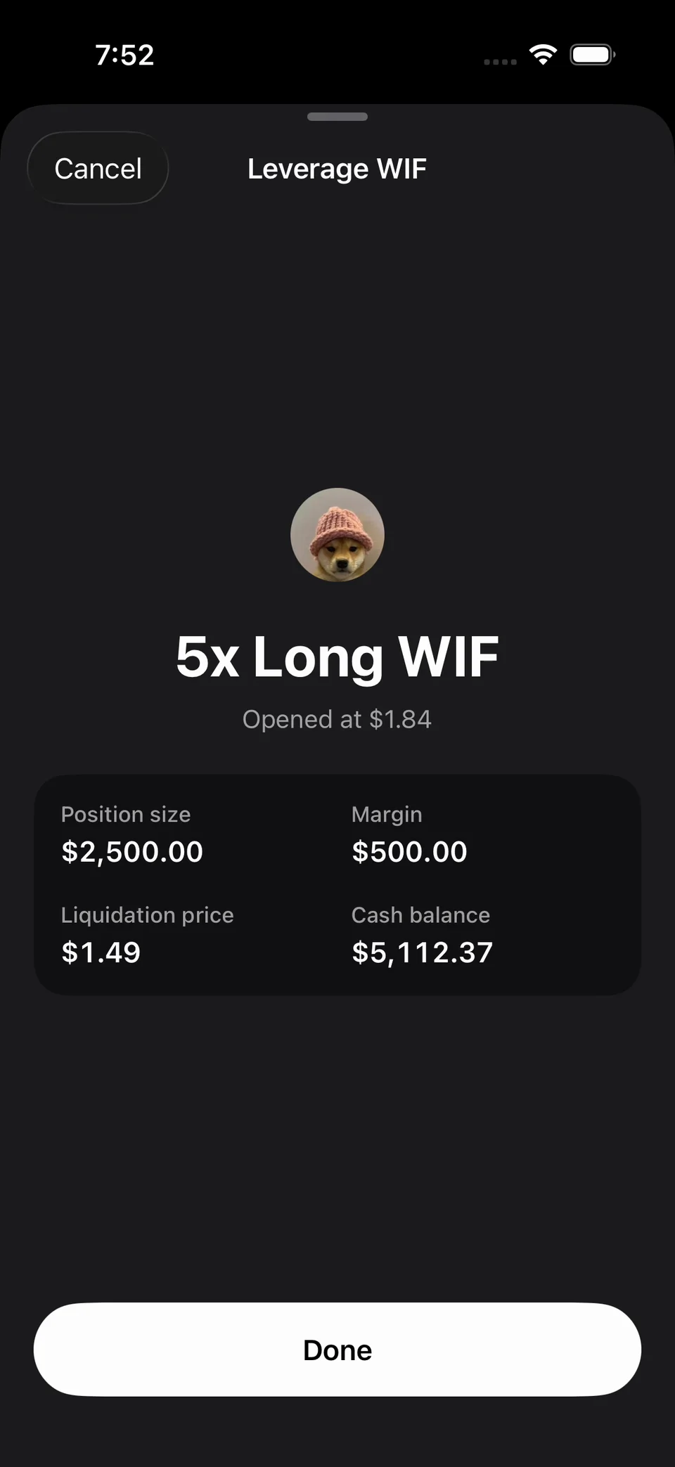 Cooked on iPhone: the 5x Long WIF confirmation, opened at $1.84 with a $2,500.00 position on $500.00 of margin and a liquidation price of $1.49.