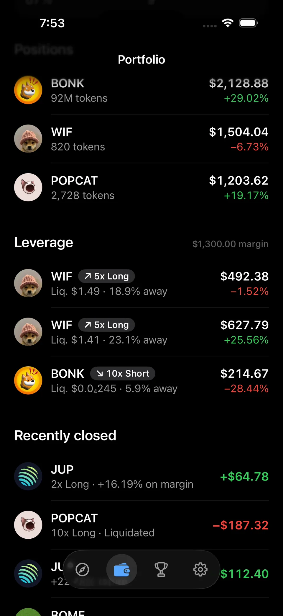 Cooked on iPhone: the portfolio, with spot holdings in BONK, WIF and POPCAT, leveraged positions including a 5x long WIF and a 10x short BONK with their liquidation prices, and recently closed trades.