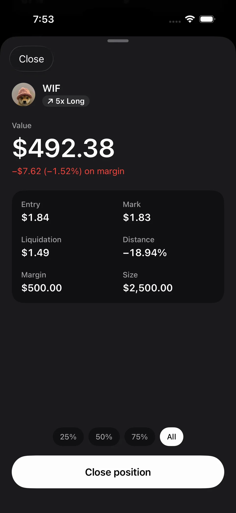 Cooked on iPhone: an open 5x long WIF position worth $492.38, down 1.52% on margin, with its entry, mark and liquidation prices and buttons to close part or all of it.